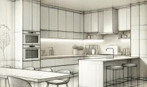 DALL·E 2024-09-20 22.04.59 - A clean and elegant kitchen design sketched on paper with minimal lines and a modern, sophisticated feel. The kitchen includes sleek cabinetry, a larg