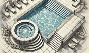 DALL·E 2024-09-21 17.09.23 - A technical drawing style of an outdoor swimming pool area, similar to an architectural plan, created with pencil shading. The image shows a large poo